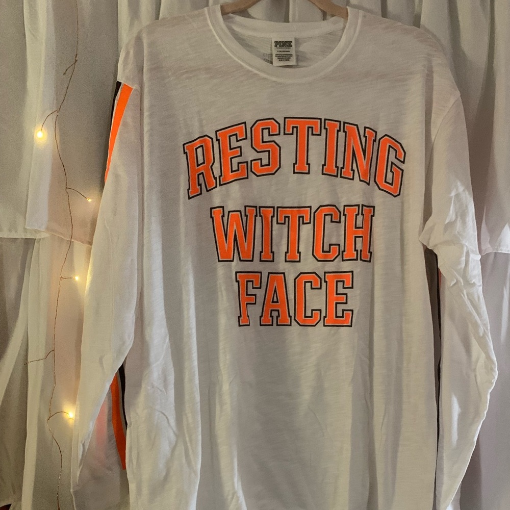 Victoria’s Secret Pink Resting Witch Face White Long Sleeve T-Shirt